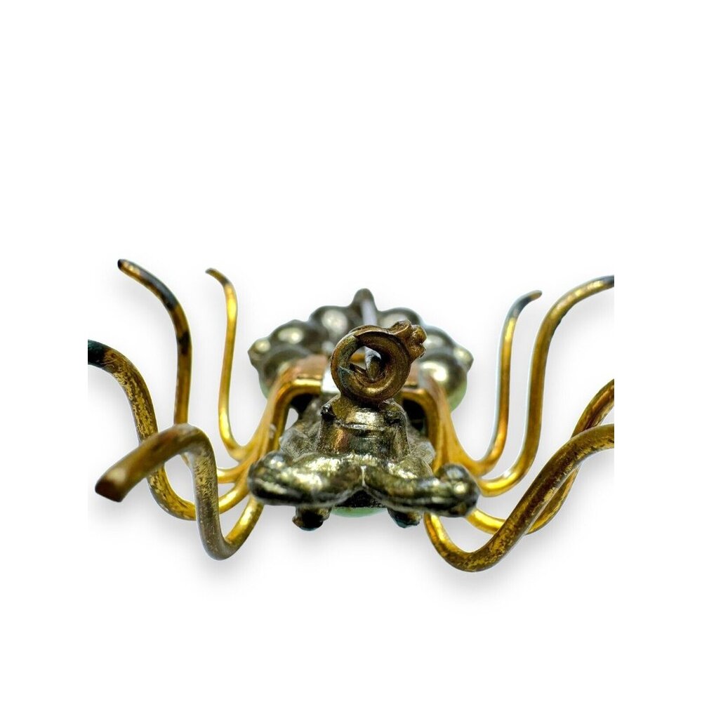 Art Nouveau Jadeite Brass Spider Brooch Green Crystal - Picture 10 of 16